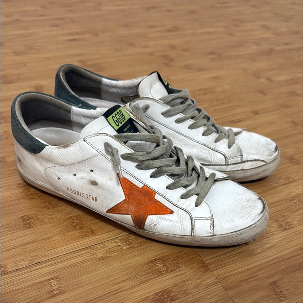 Golden Goose White Sneakers with Orange Star and Green Heel